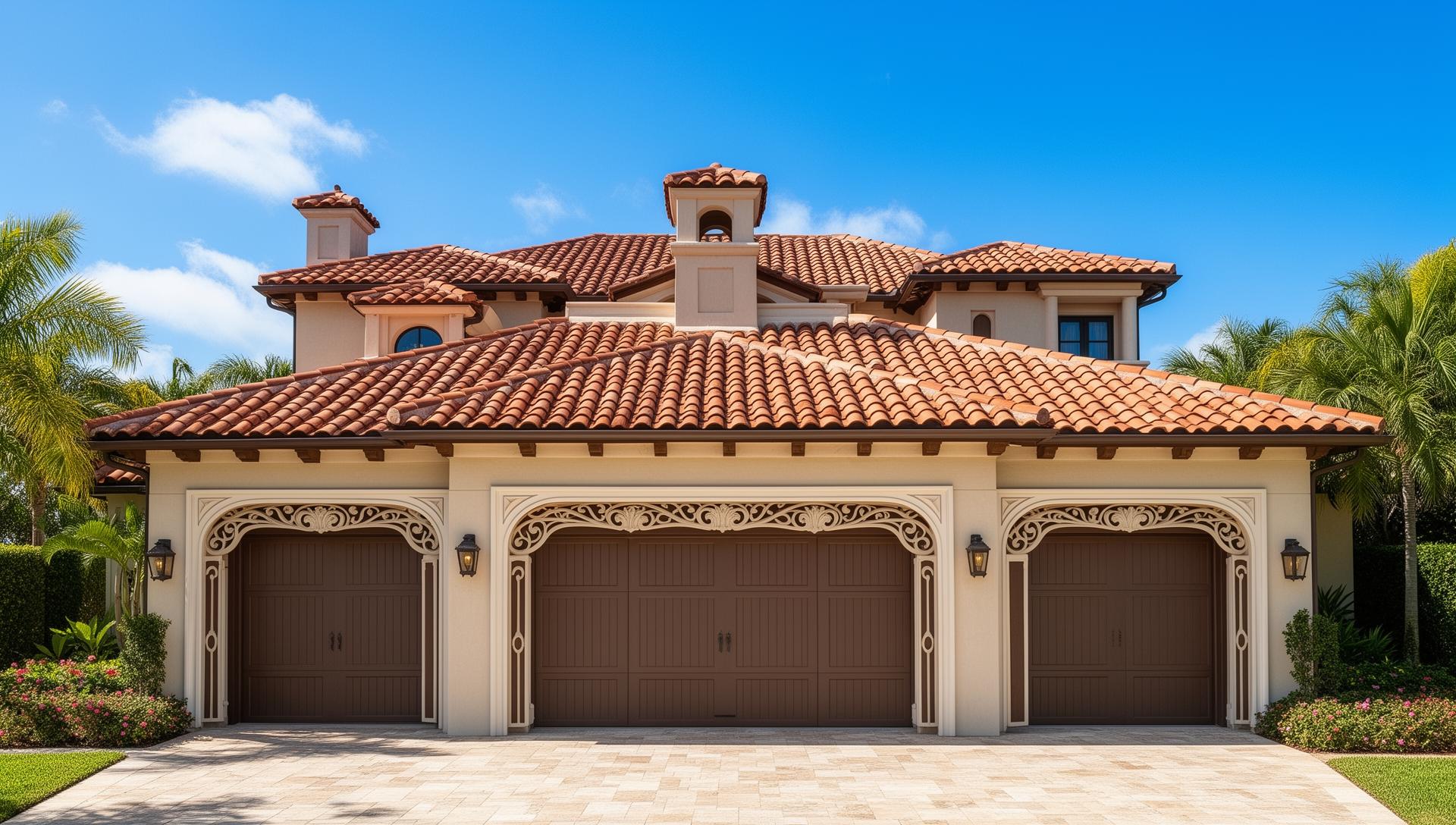 Luxury home with Victorian style garage doors featuring ornate trim details in Spring Hope NC